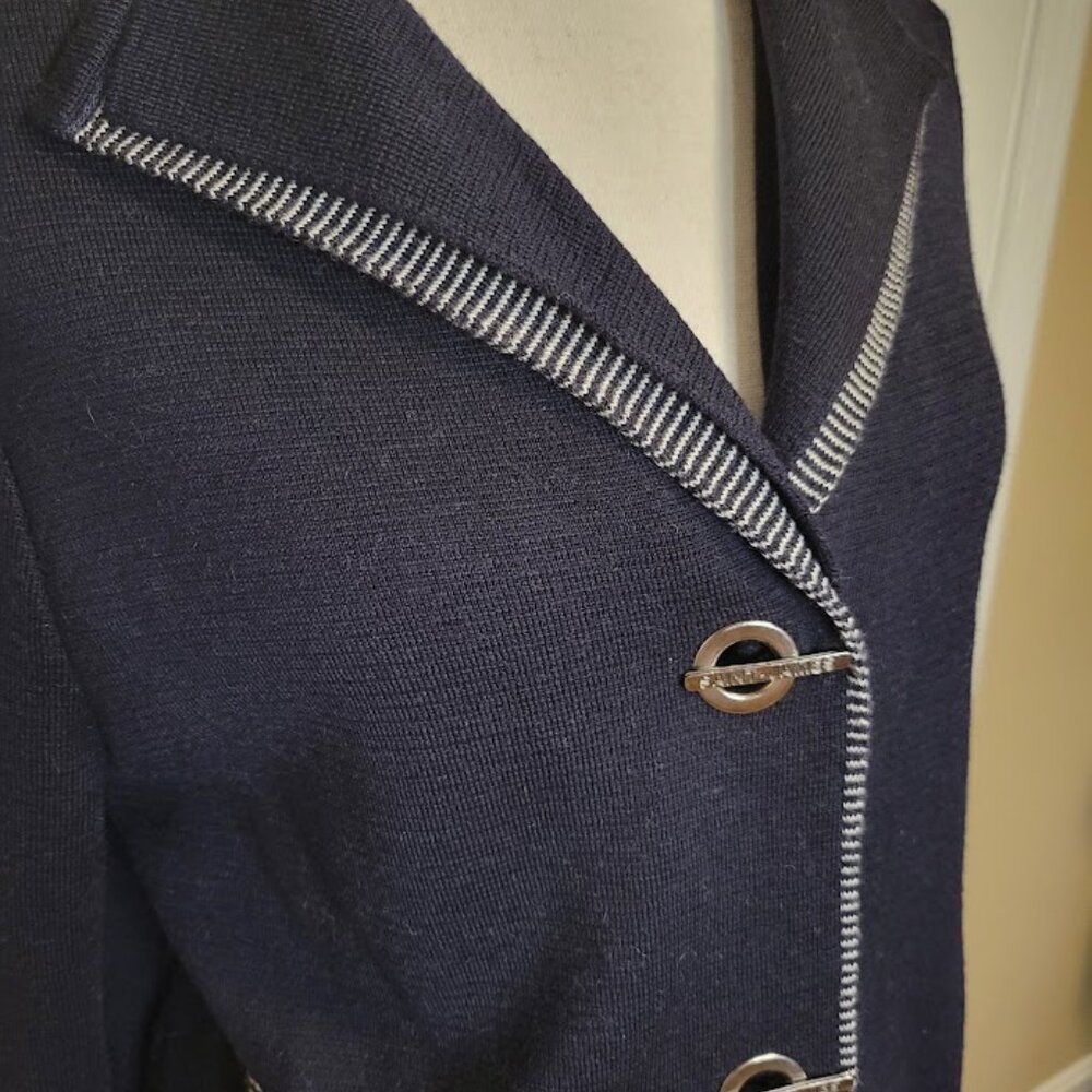 Saint James Pure New Wool Jacket Cardigan Navy Striped Trim Size Small (US 8) - Picture 2 of 8